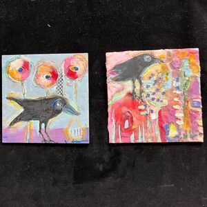Two Small Crow Encaustic Oil /Wax Paintings Original 6”Square On Encaustic Board